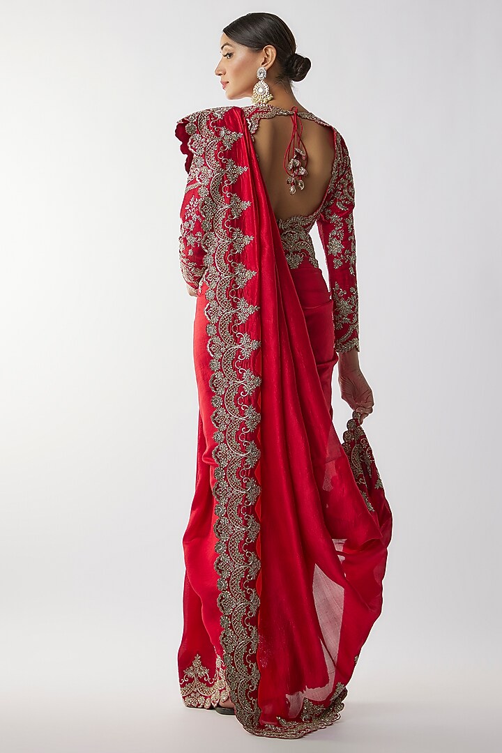 Red Silk Zari Embroidered Bridal Saree Set by Jayanti Reddy at Pernia's Pop Up Shop