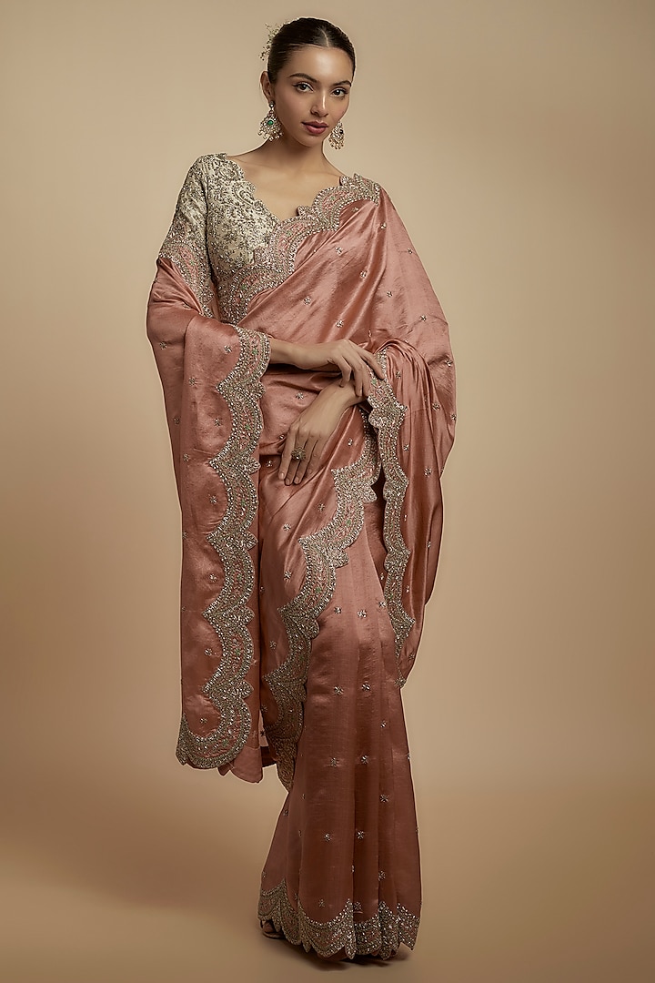 Peach Silk Zari Embroidered Saree Set by Jayanti Reddy at Pernia's Pop Up Shop