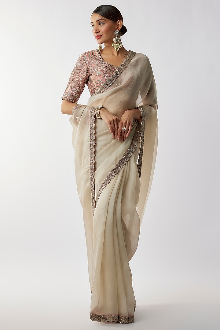 Ivory Silk Zari Embroidered Saree Set by Jayanti Reddy