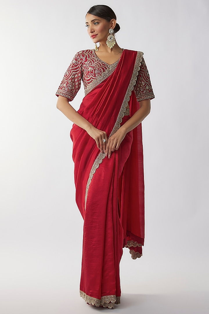 Red Silk Zari Embroidered Reception Saree Set by Jayanti Reddy at Pernia's Pop Up Shop