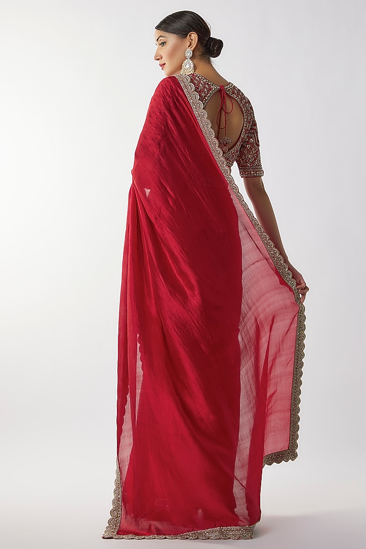 Red Silk Zari Embroidered Reception Saree Set by Jayanti Reddy at Pernia's Pop Up Shop