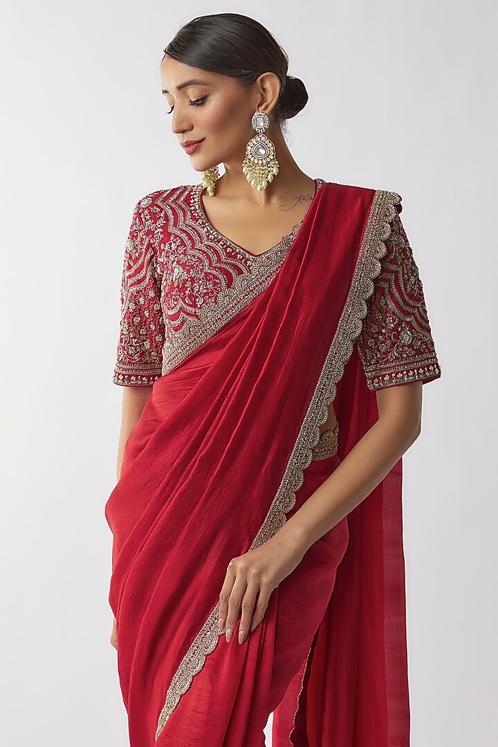 Red Silk Zari Embroidered Reception Saree Set by Jayanti Reddy at Pernia's Pop Up Shop