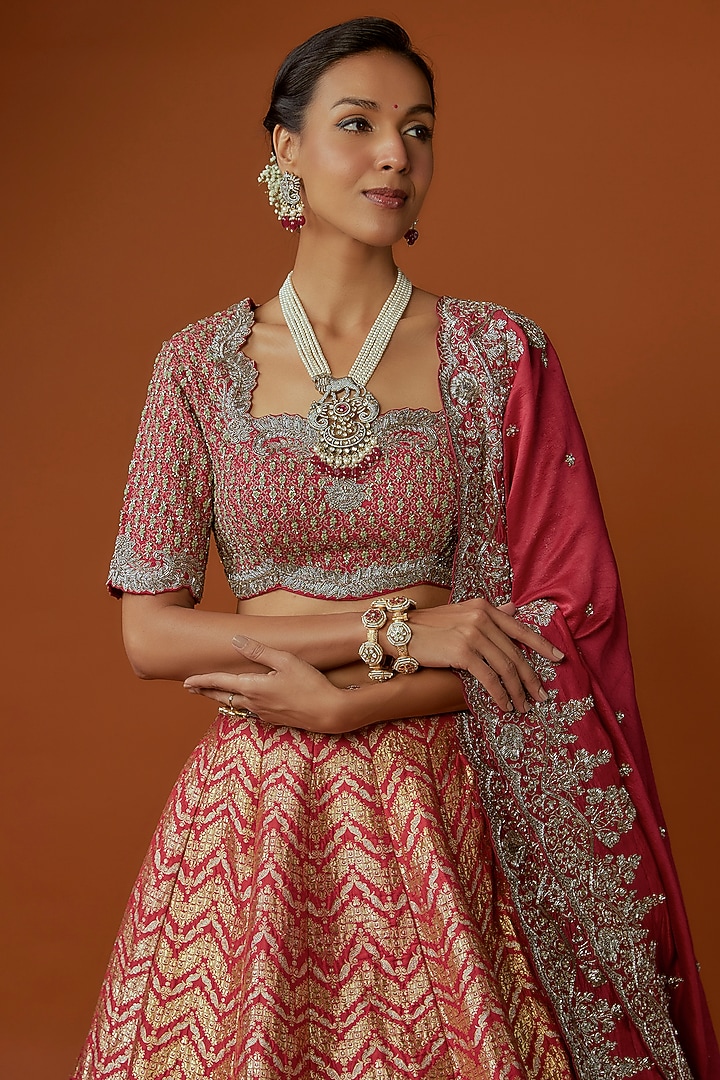 Red Banarasi Zari Embroidered Bridal Lehenga Set by Jayanti Reddy at Pernia's Pop Up Shop