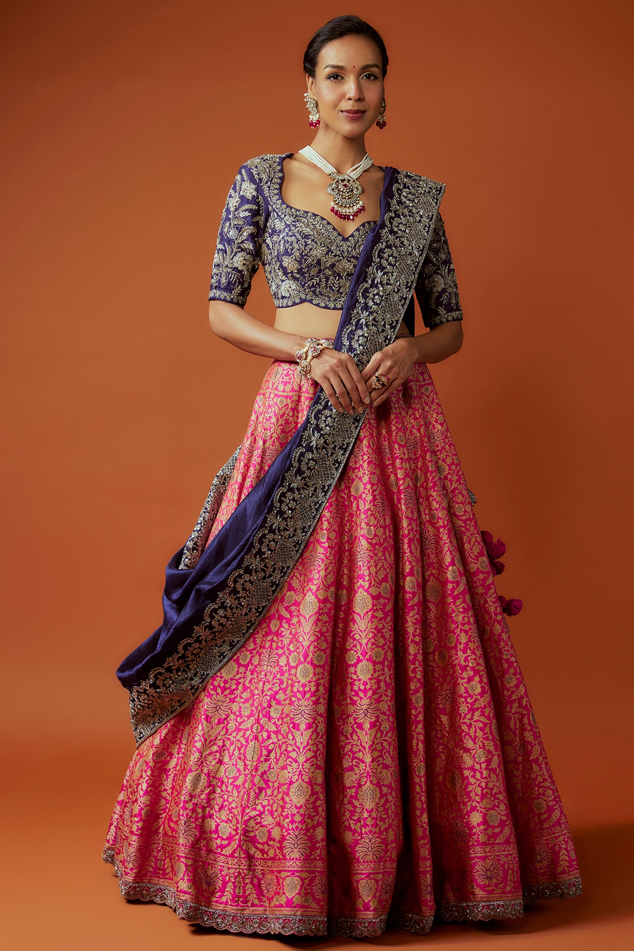 Purple Handloom Pure Katan Silk Bageecha Banarasi Lehenga with Blouse –  WeaverStory