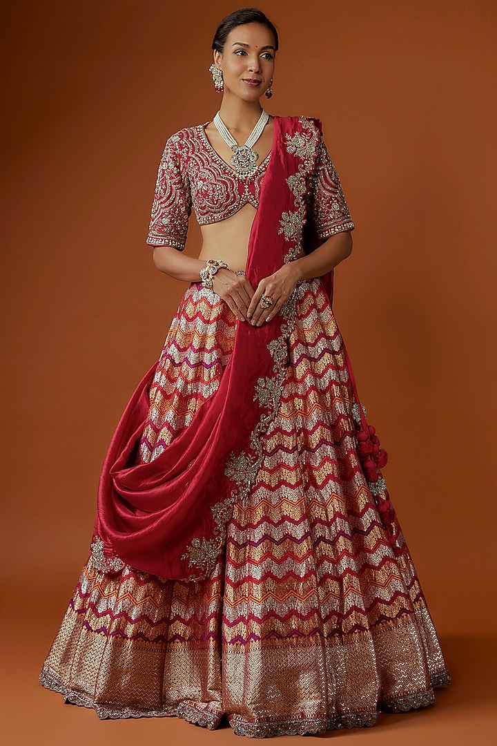 Red Banarasi Zari Embroidered Bridal Lehenga Set by Jayanti Reddy at Pernia's Pop Up Shop