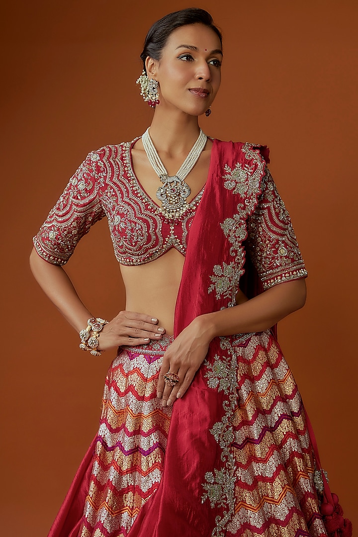 Red Banarasi Zari Embroidered Bridal Lehenga Set by Jayanti Reddy at Pernia's Pop Up Shop