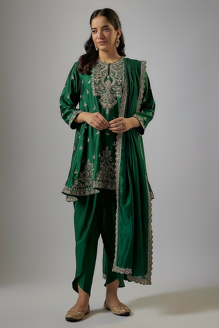 Green Silk Zardosi Embroidered Tunic Set by Jayanti Reddy at Pernia's Pop Up Shop