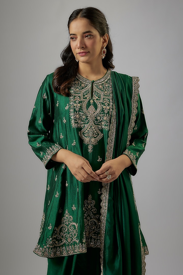 Green Silk Zardosi Embroidered Tunic Set by Jayanti Reddy at Pernia's Pop Up Shop