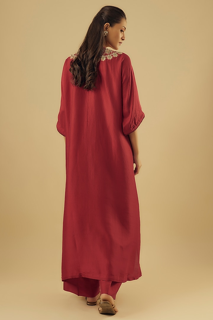 Red Silk Zardosi Embroidered Kaftan Set by Jayanti Reddy at Pernia's Pop Up Shop