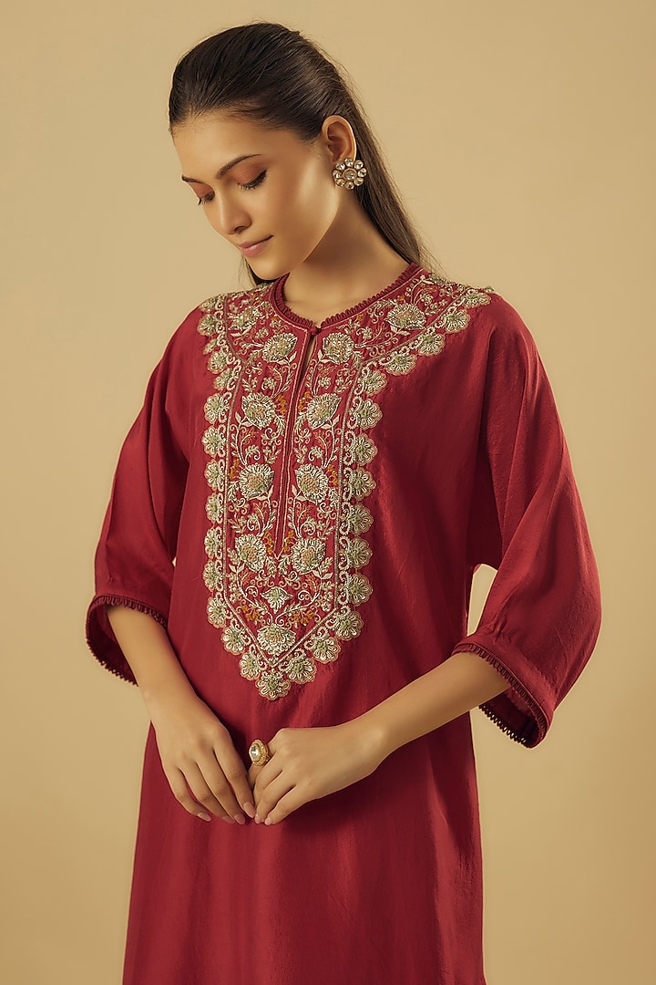 Red Silk Zardosi Embroidered Kaftan Set by Jayanti Reddy at Pernia's Pop Up Shop