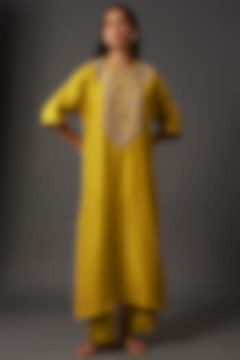 Yellow Silk Zardosi Embroidered Kaftan Set by Jayanti Reddy at Pernia's Pop Up Shop
