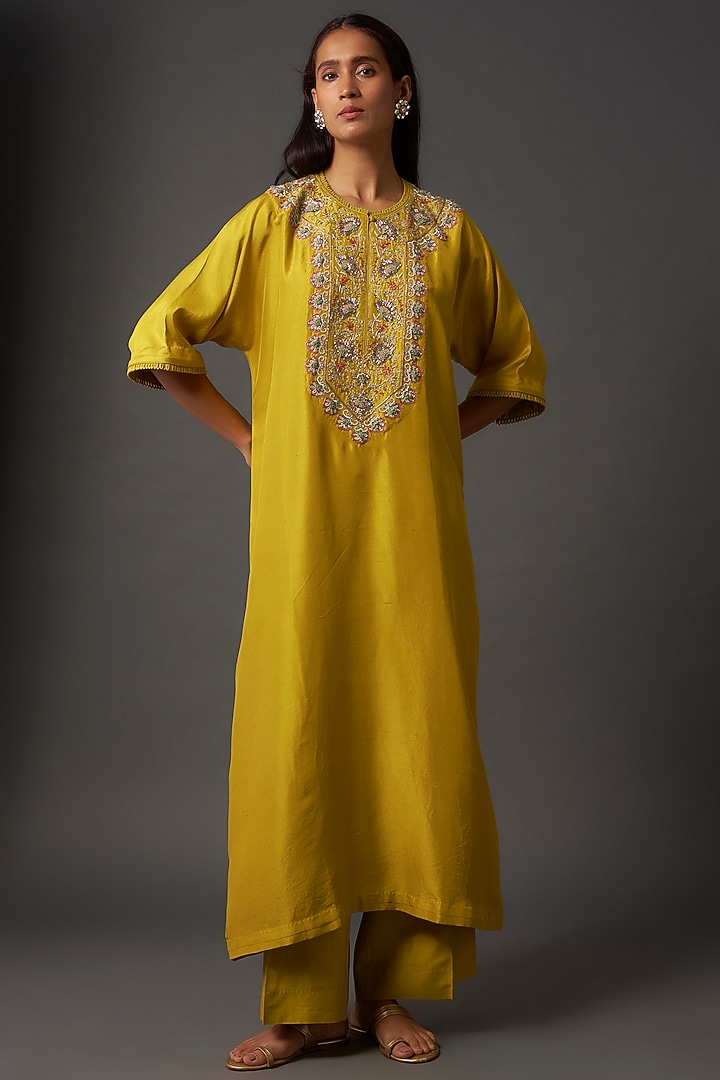 Yellow Silk Zardosi Embroidered Kaftan Set by Jayanti Reddy at Pernia's Pop Up Shop