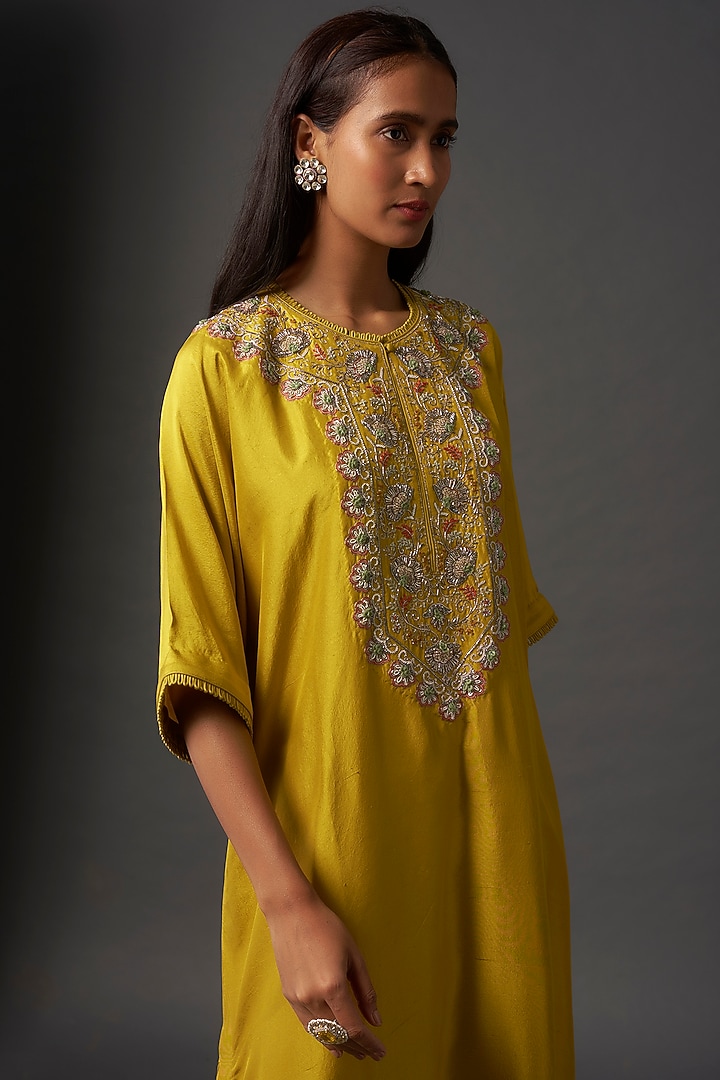 Yellow Silk Zardosi Embroidered Kaftan Set by Jayanti Reddy at Pernia's Pop Up Shop