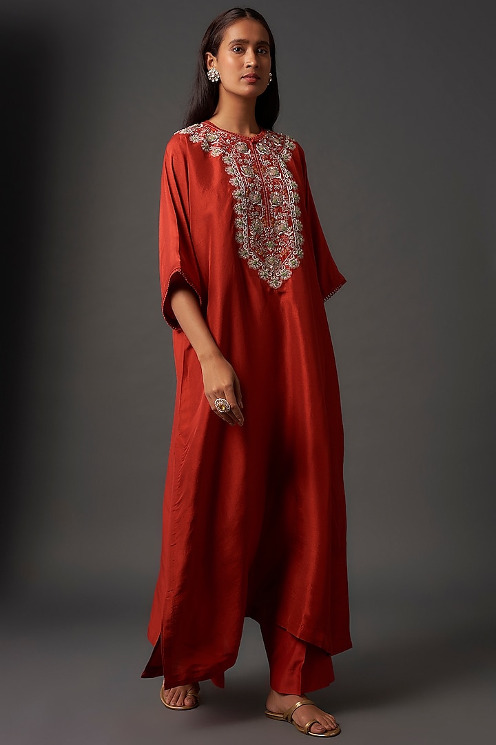 Orange Silk Zardosi Embroidered Kaftan Set by Jayanti Reddy at Pernia's Pop Up Shop