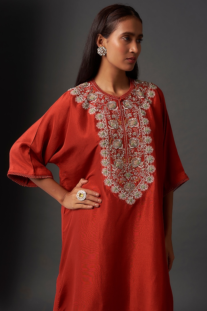 Orange Silk Zardosi Embroidered Kaftan Set by Jayanti Reddy at Pernia's Pop Up Shop