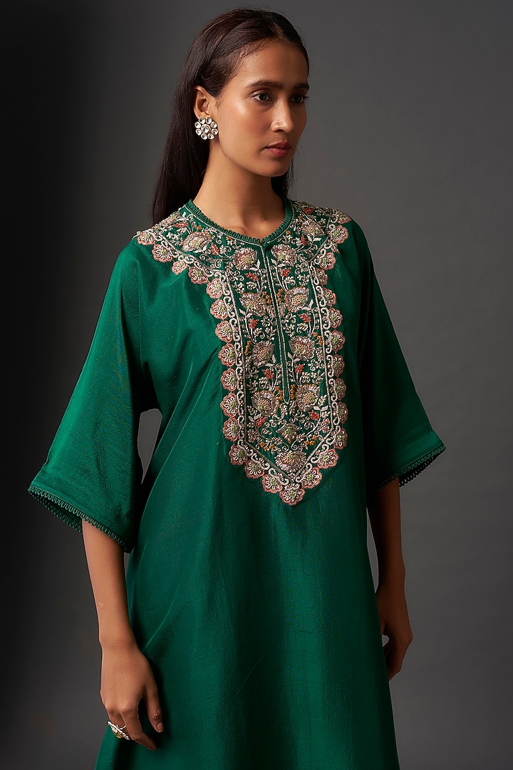 Green Silk Zardosi Embroidered Kaftan Set by Jayanti Reddy at Pernia's Pop Up Shop