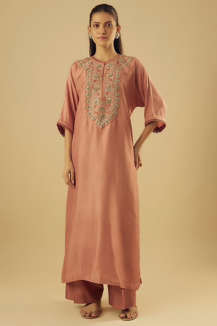 Peach Silk Zardosi Embroidered Kaftan Set by Jayanti Reddy at Pernia's Pop Up Shop