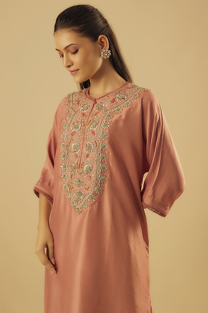 Peach Silk Zardosi Embroidered Kaftan Set by Jayanti Reddy at Pernia's Pop Up Shop