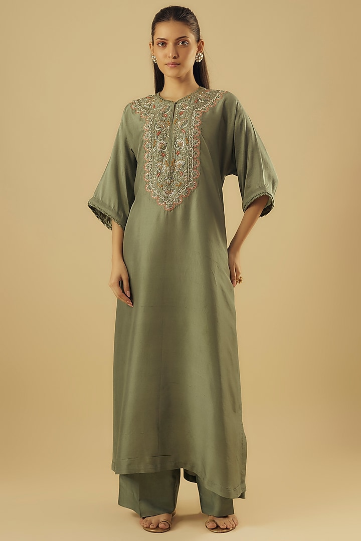 Beige Silk Zardosi Embroidered Kaftan Set by Jayanti Reddy at Pernia's Pop Up Shop