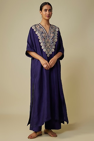 Purple Silk Zardosi Embroidered Kaftan Set by Jayanti Reddy