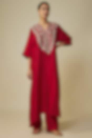 Red Silk Zardosi Embroidered Kaftan Set by Jayanti Reddy at Pernia's Pop Up Shop