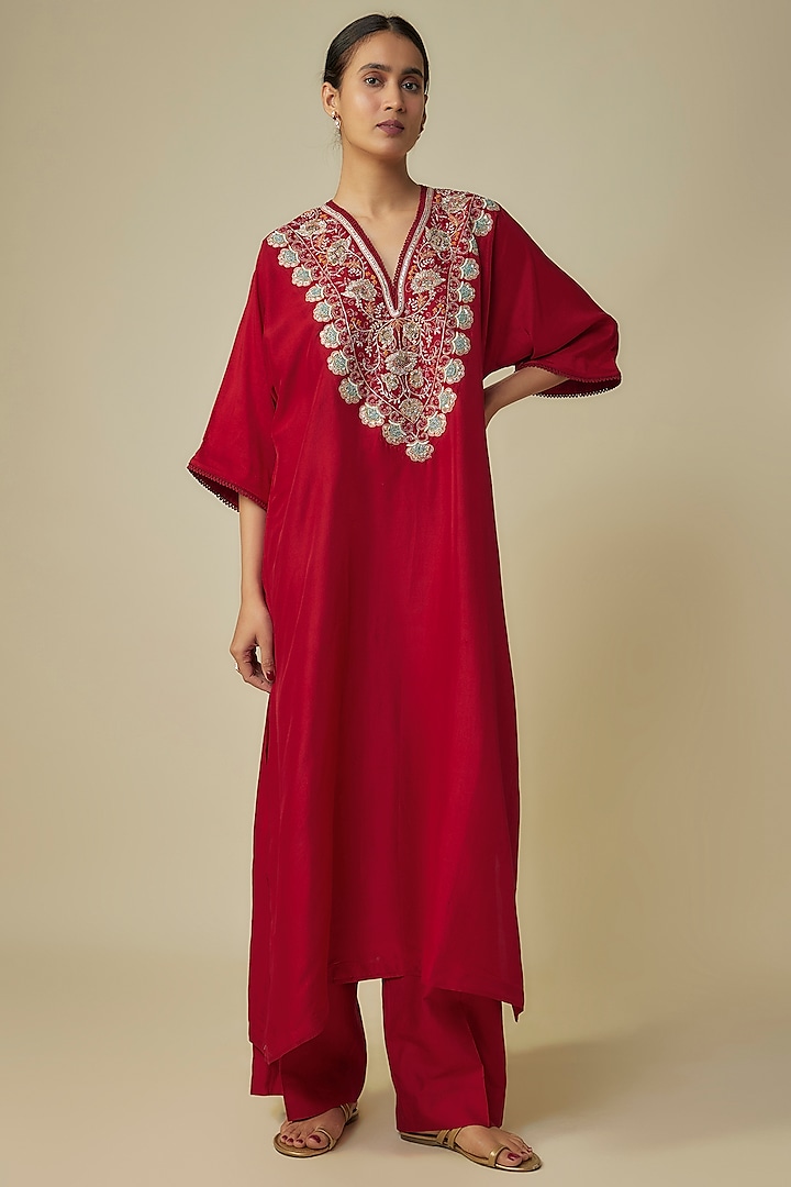 Red Silk Zardosi Embroidered Kaftan Set by Jayanti Reddy at Pernia's Pop Up Shop