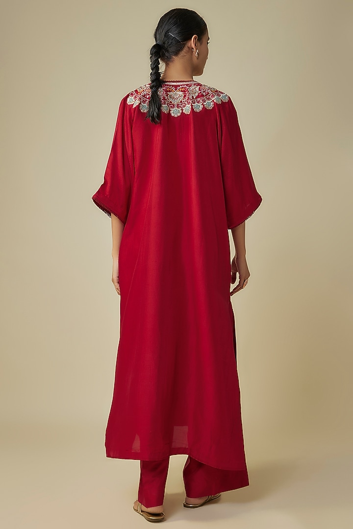 Red Silk Zardosi Embroidered Kaftan Set by Jayanti Reddy at Pernia's Pop Up Shop
