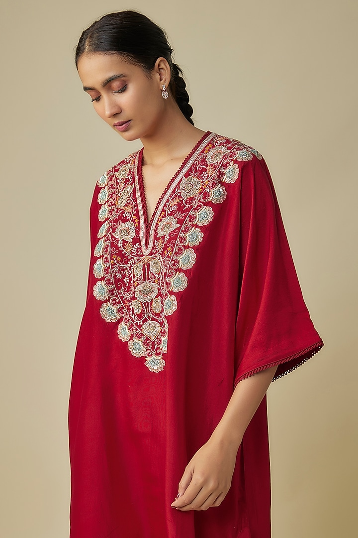 Red Silk Zardosi Embroidered Kaftan Set by Jayanti Reddy at Pernia's Pop Up Shop