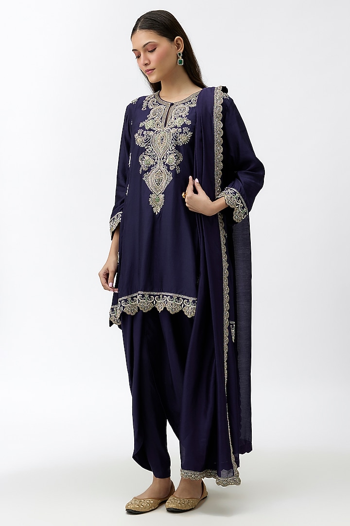 Purple Silk Zardosi Embroidered Tunic Set by Jayanti Reddy at Pernia's Pop Up Shop