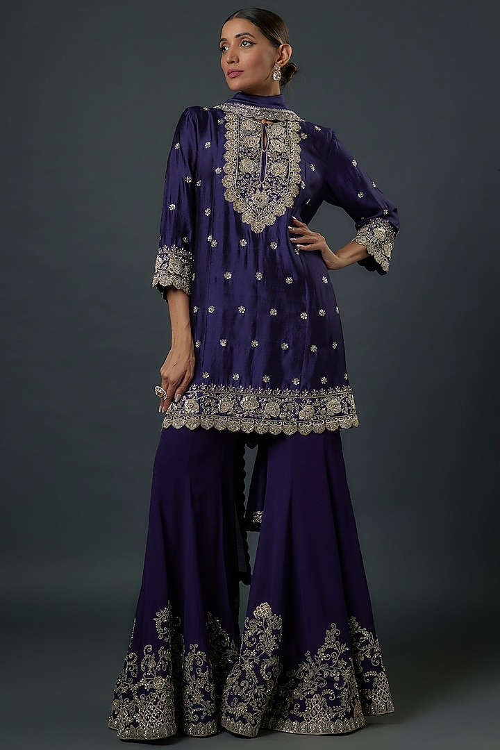 Purple Silk Zardosi Embroidered Bridal Sharara Set by Jayanti Reddy at Pernia's Pop Up Shop