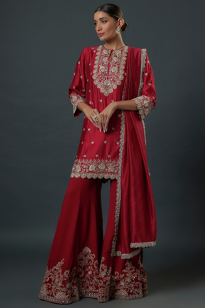 Red Silk Zardosi Embroidered Bridal Sharara Set by Jayanti Reddy at Pernia's Pop Up Shop