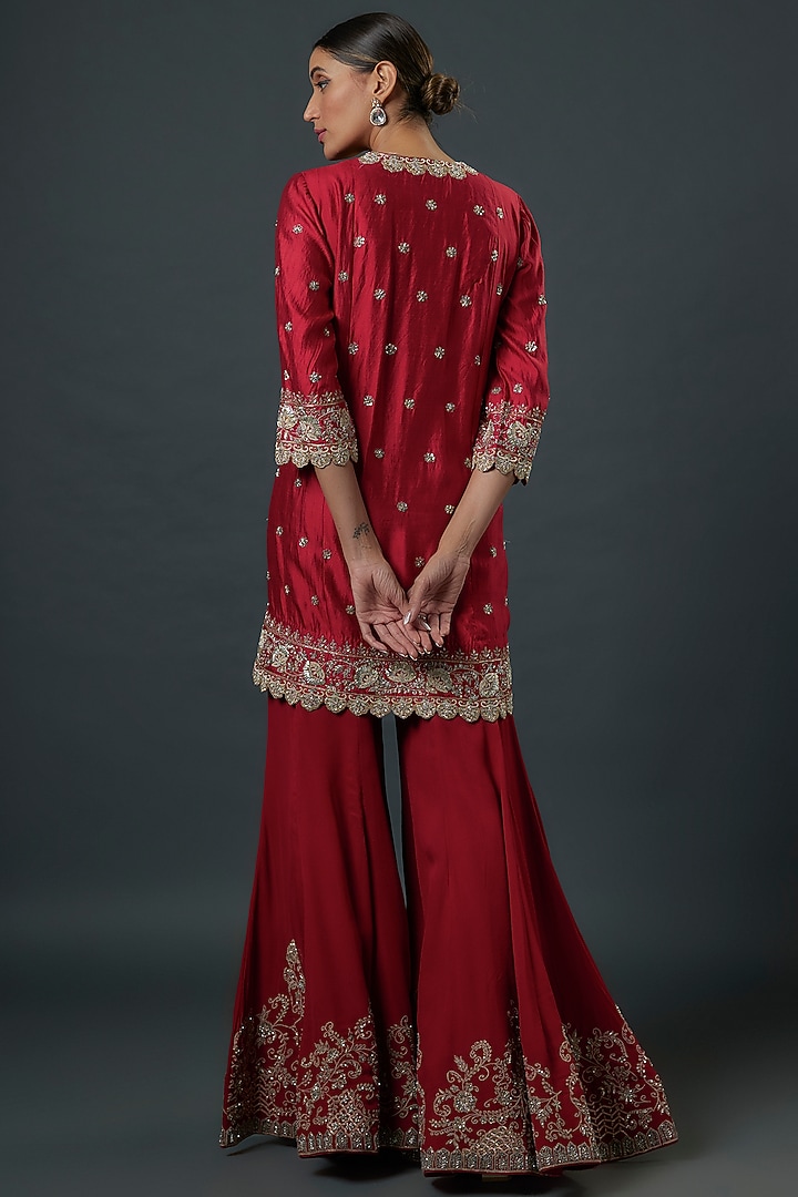 Red Silk Zardosi Embroidered Bridal Sharara Set by Jayanti Reddy at Pernia's Pop Up Shop