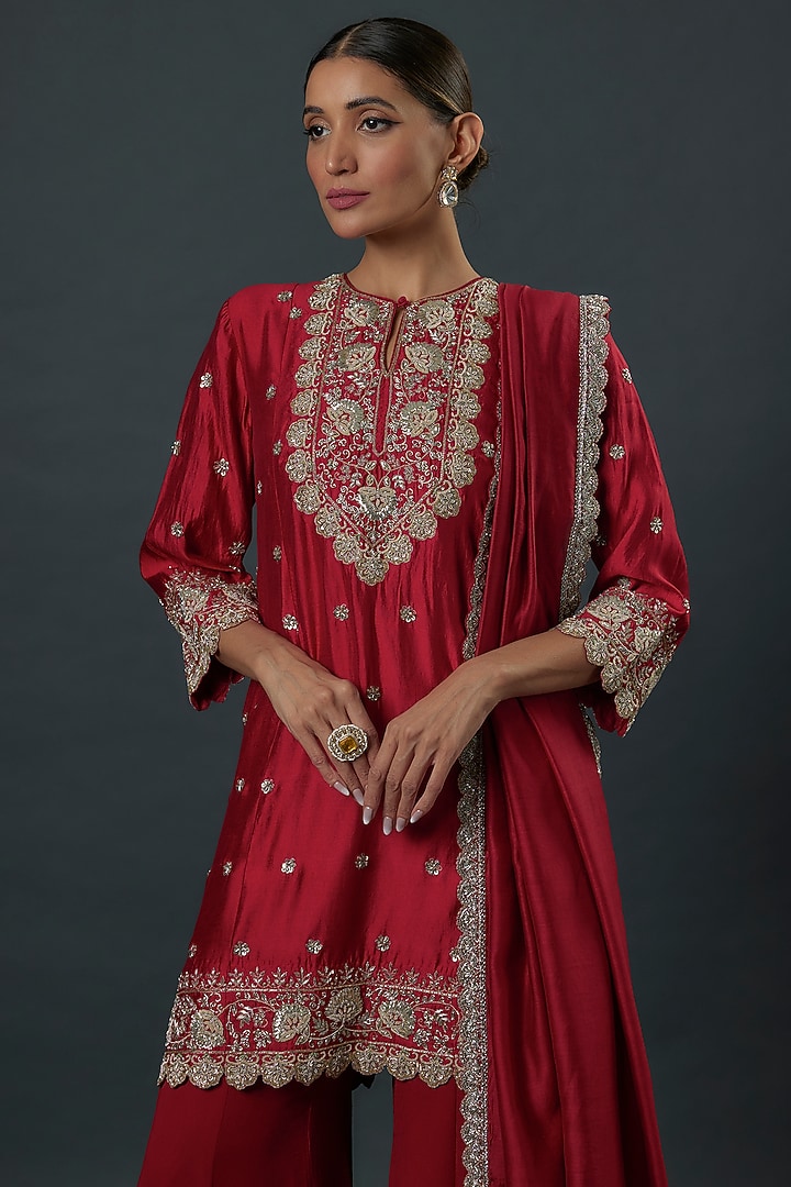 Red Silk Zardosi Embroidered Bridal Sharara Set by Jayanti Reddy at Pernia's Pop Up Shop