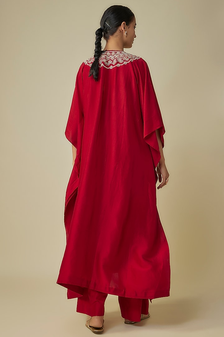 Red Silk Zardosi Embroidered Kaftan Set by Jayanti Reddy at Pernia's Pop Up Shop