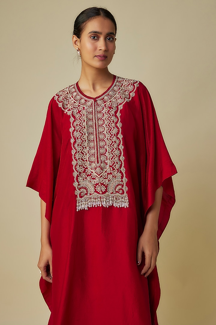 Red Silk Zardosi Embroidered Kaftan Set by Jayanti Reddy at Pernia's Pop Up Shop