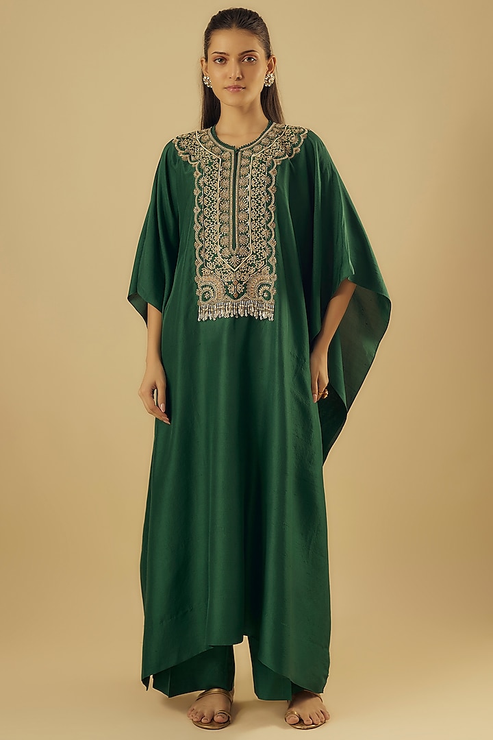 Green Silk Zardosi Embroidered Kaftan Set by Jayanti Reddy at Pernia's Pop Up Shop