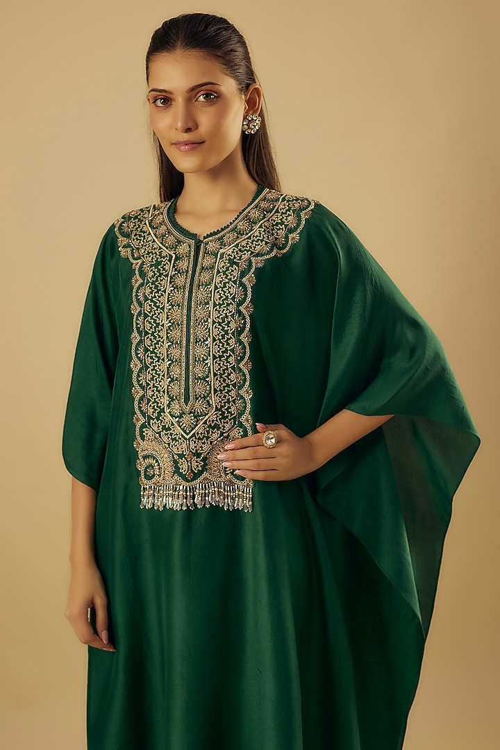 Green Silk Zardosi Embroidered Kaftan Set by Jayanti Reddy at Pernia's Pop Up Shop