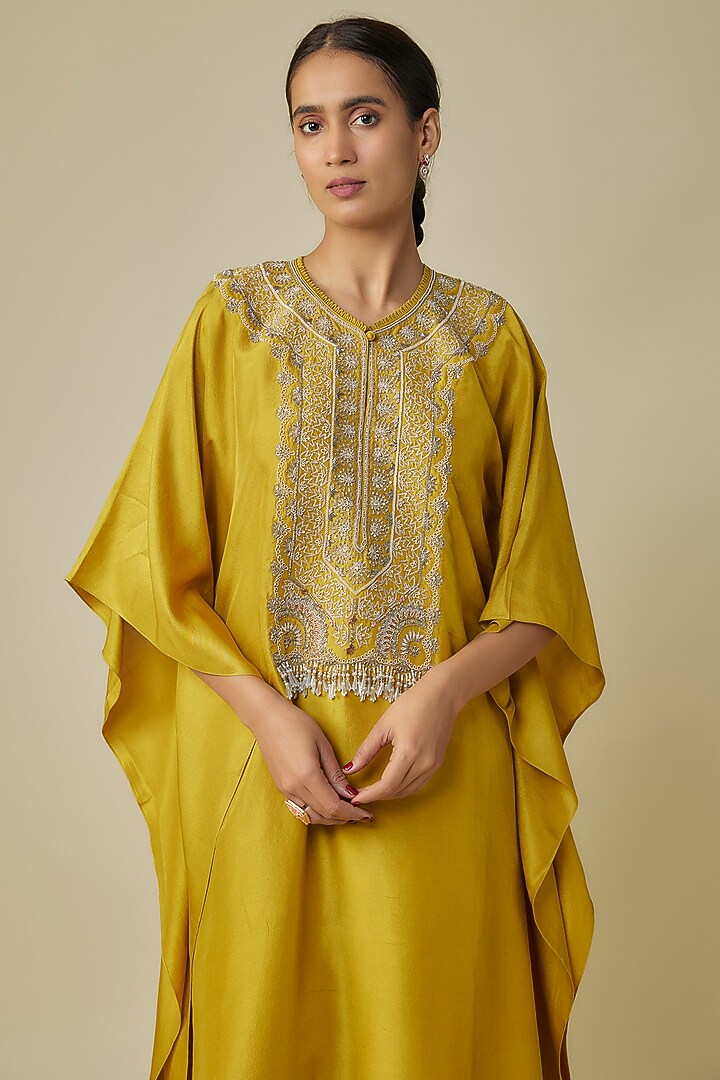 Yellow Silk Zardosi Embroidered Kaftan Set by Jayanti Reddy at Pernia's Pop Up Shop