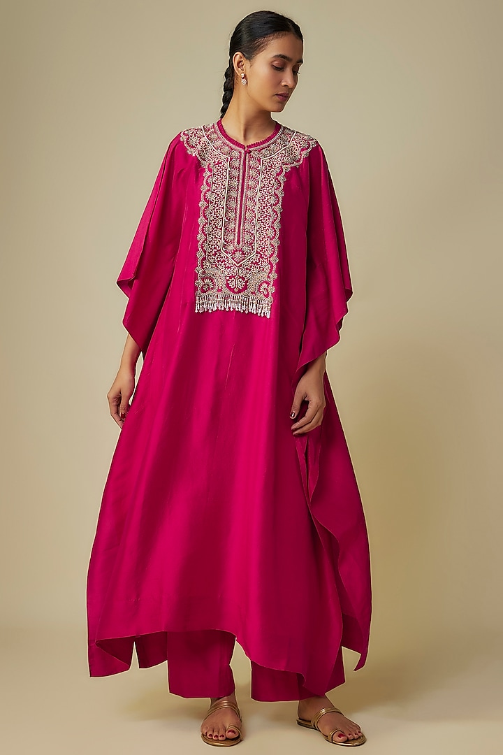 Pink Silk Zardosi Embroidered Kaftan Set by Jayanti Reddy at Pernia's Pop Up Shop