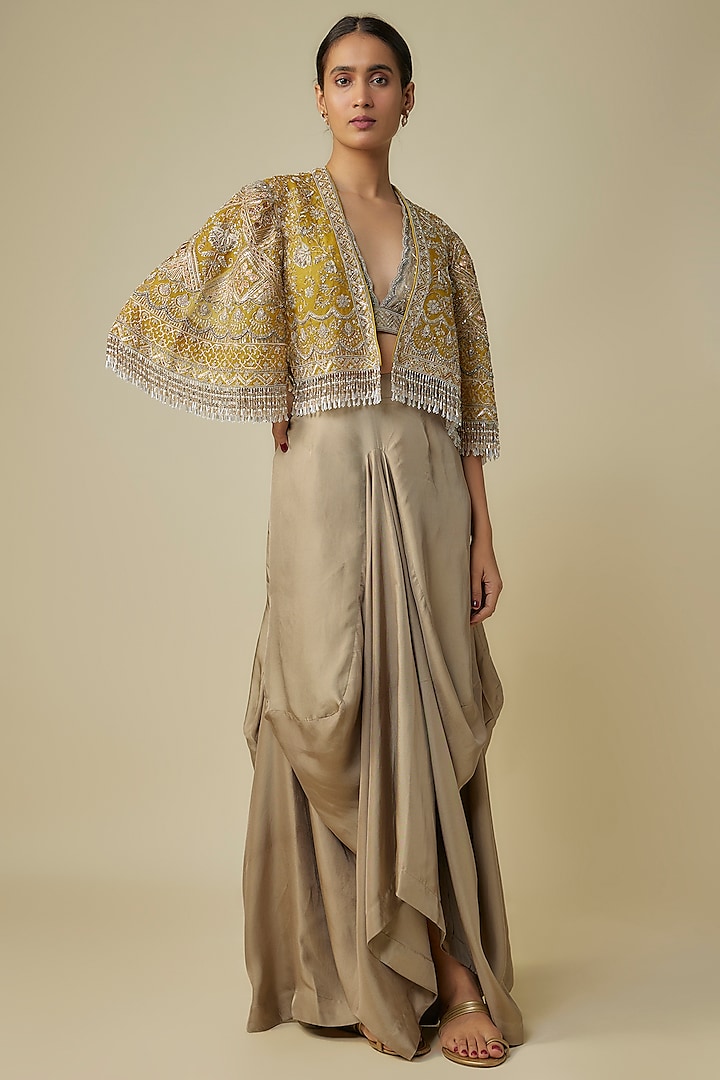 Beige Silk Zardosi Embroidered Cape Set by Jayanti Reddy at Pernia's Pop Up Shop