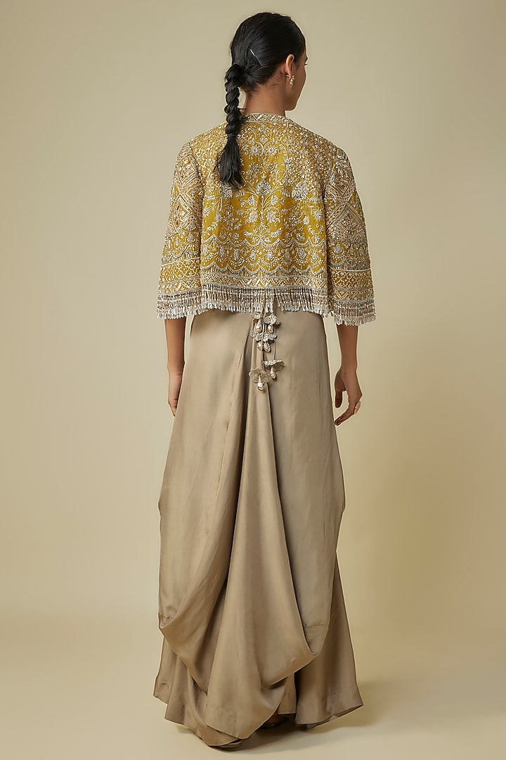 Beige Silk Zardosi Embroidered Cape Set by Jayanti Reddy at Pernia's Pop Up Shop