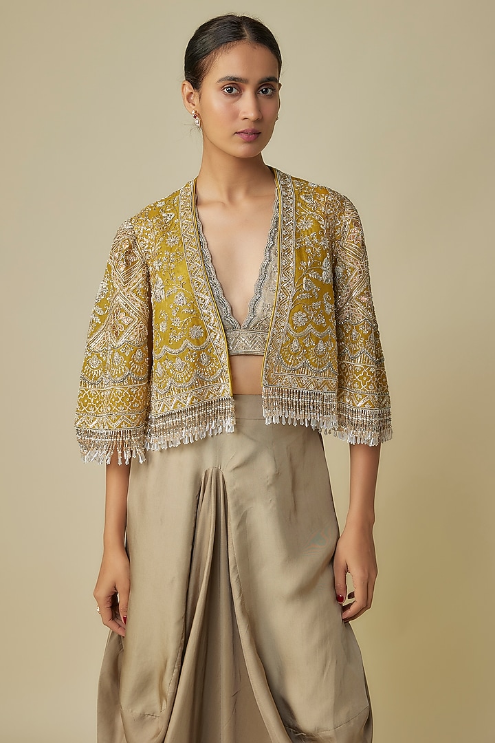 Beige Silk Zardosi Embroidered Cape Set by Jayanti Reddy at Pernia's Pop Up Shop