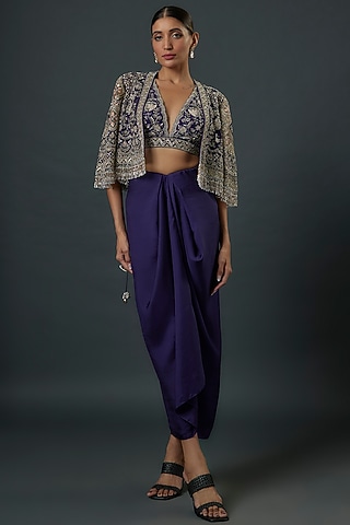 Purple Organza Zardosi Embroidered Cape Set by Jayanti Reddy