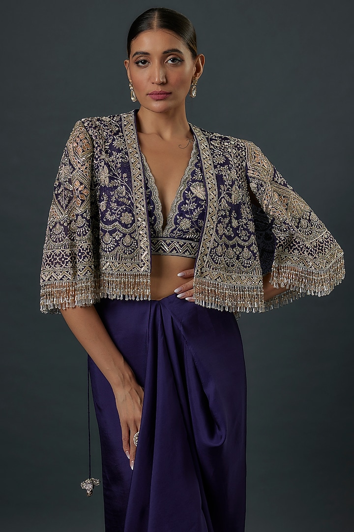Purple Organza Zardosi Embroidered Cape Set by Jayanti Reddy at Pernia's Pop Up Shop