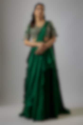 Green Silk Zardosi Embroidered Pre-Draped Bridal Saree Set by Jayanti Reddy at Pernia's Pop Up Shop