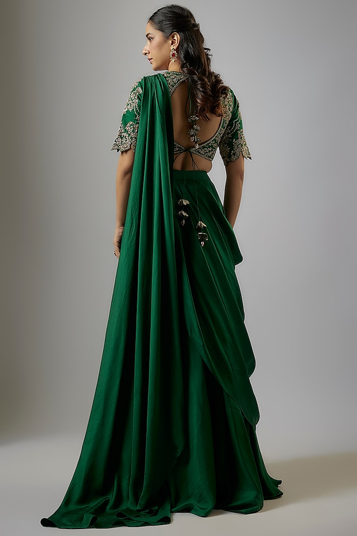 Green Silk Zardosi Embroidered Pre-Draped Bridal Saree Set by Jayanti Reddy at Pernia's Pop Up Shop