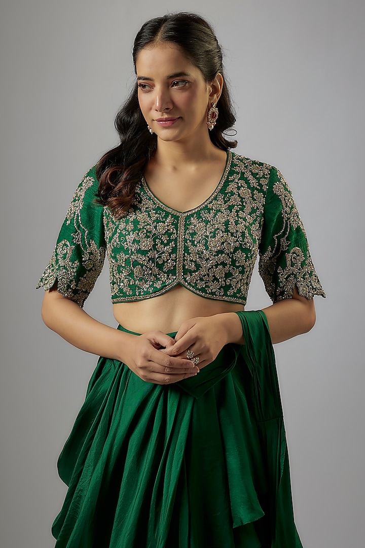 Green Silk Zardosi Embroidered Pre-Draped Bridal Saree Set by Jayanti Reddy at Pernia's Pop Up Shop