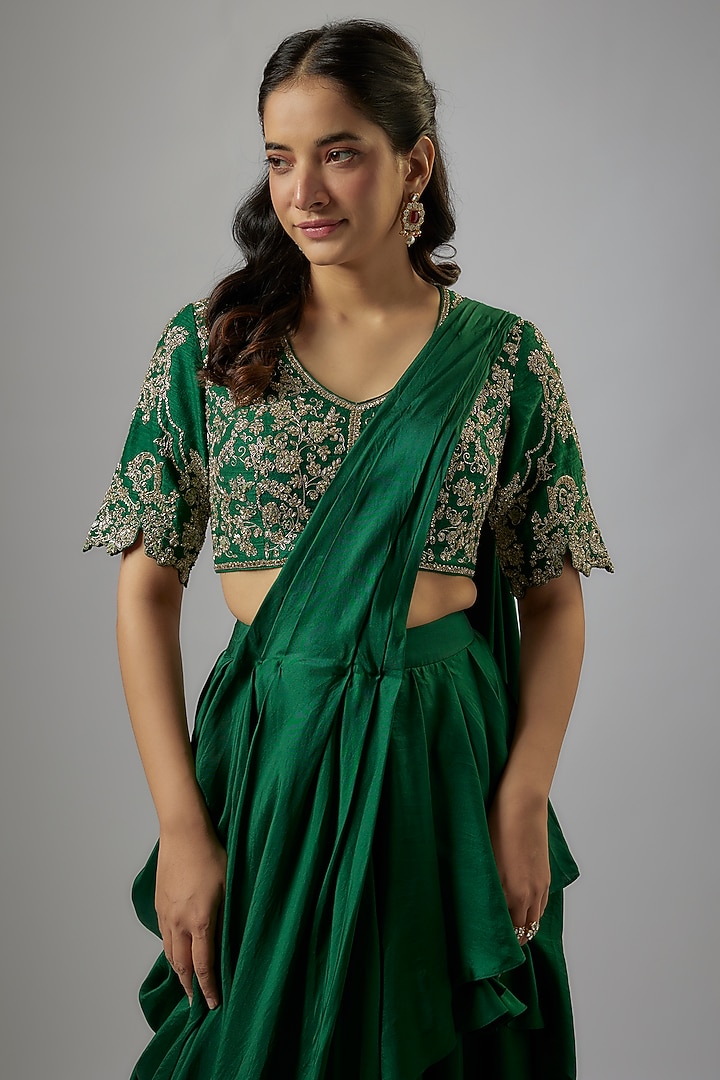 Green Silk Zardosi Embroidered Pre-Draped Bridal Saree Set by Jayanti Reddy at Pernia's Pop Up Shop