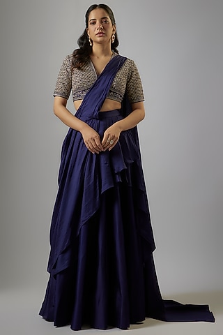 Purple Silk Zardosi Embroidered Pre-Draped Saree Set by Jayanti Reddy