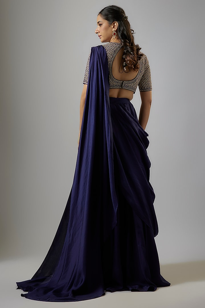Purple Silk Zardosi Embroidered Pre-Draped Bridal Saree Set by Jayanti Reddy at Pernia's Pop Up Shop